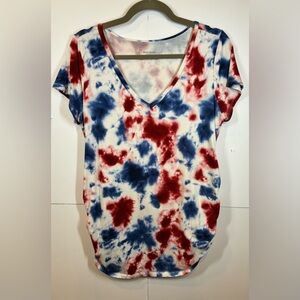 Motherhood Maternity Tie Dye V-neck Top Size Large Red White Blue Short Sleeve